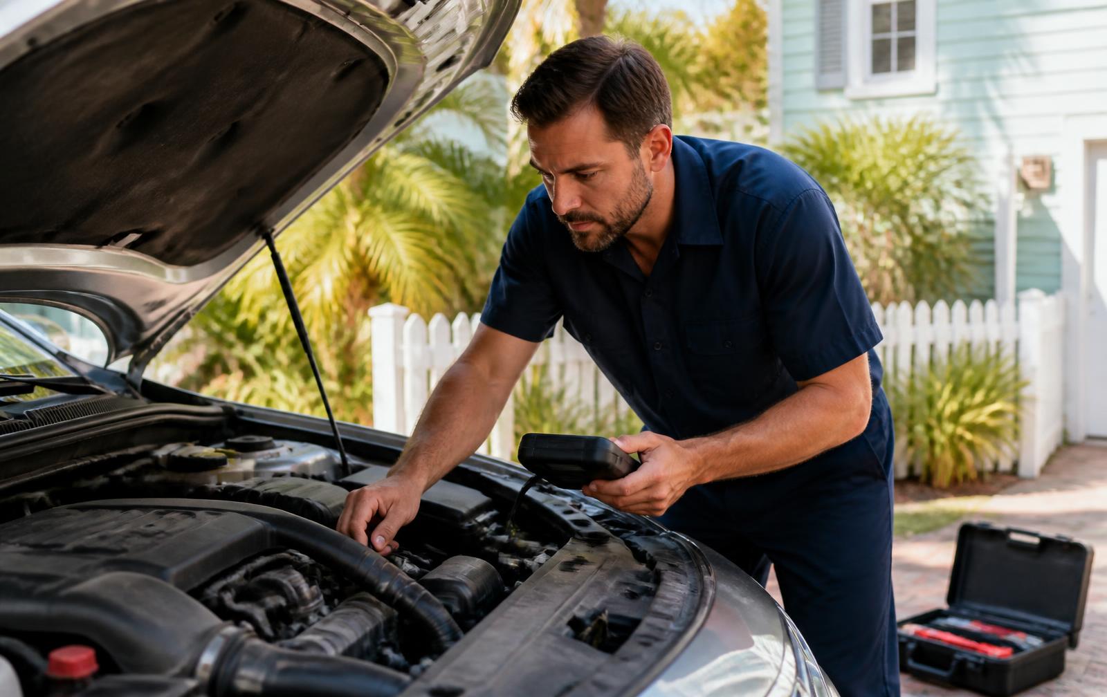 Mobile auto technician inspecting a vehicle under its hood at a customer's home