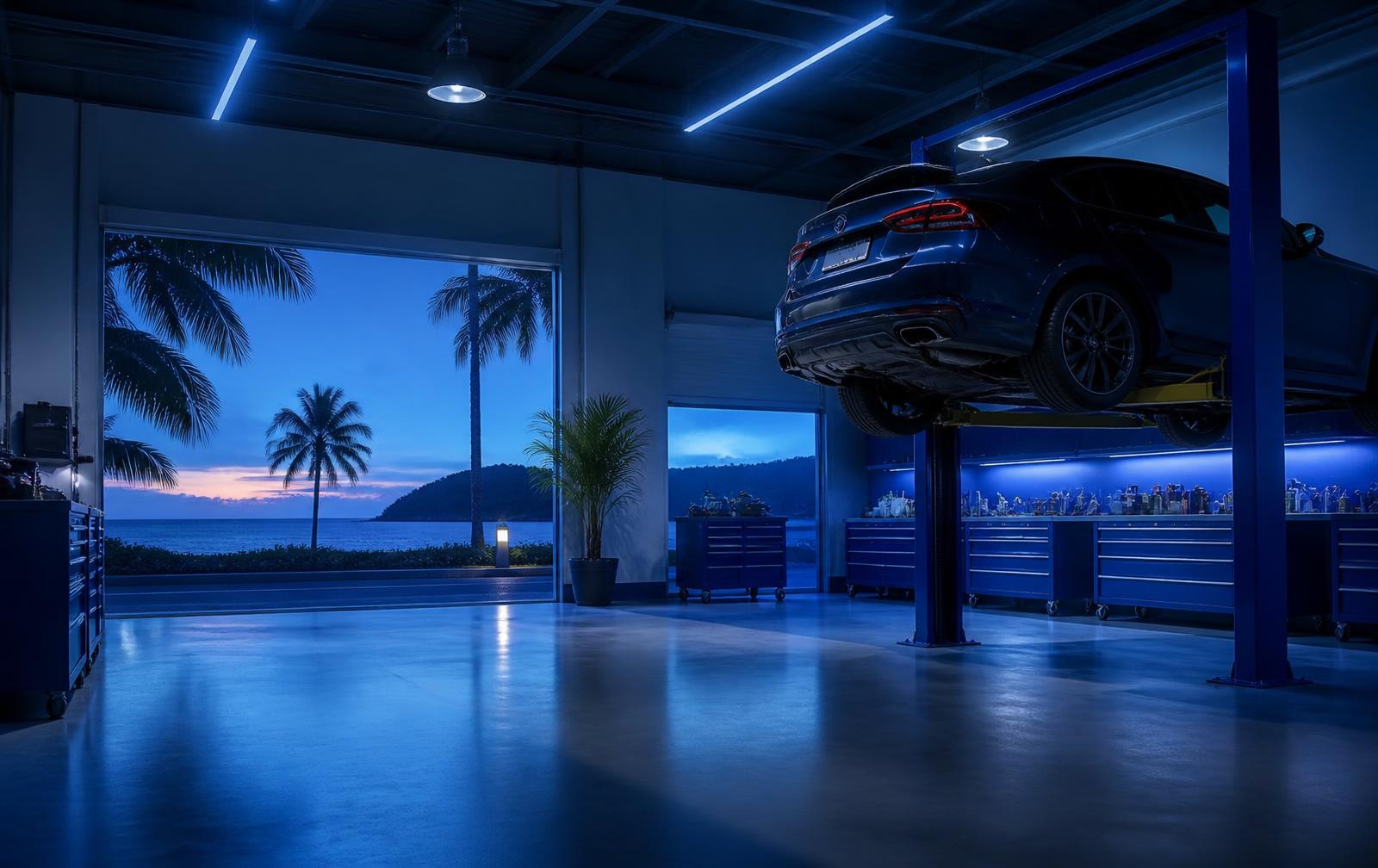 Clean automotive service bay with a vehicle raised on a lift